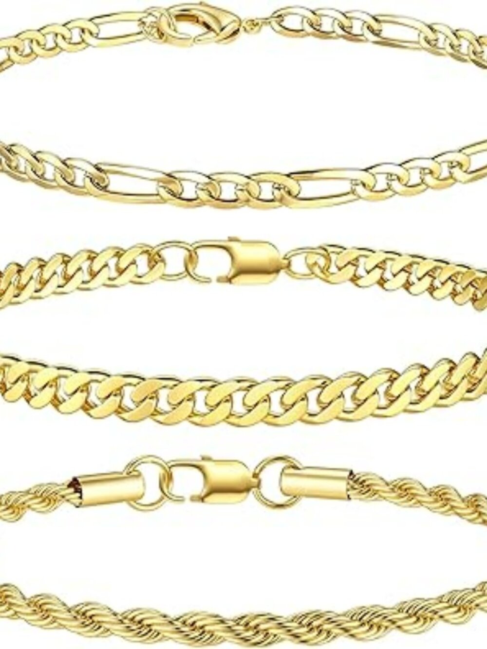 NEW 3 Pcs Gold Chain Bracelets Stainless Steel Figaro Rope Cuban Link Unisex 6.5